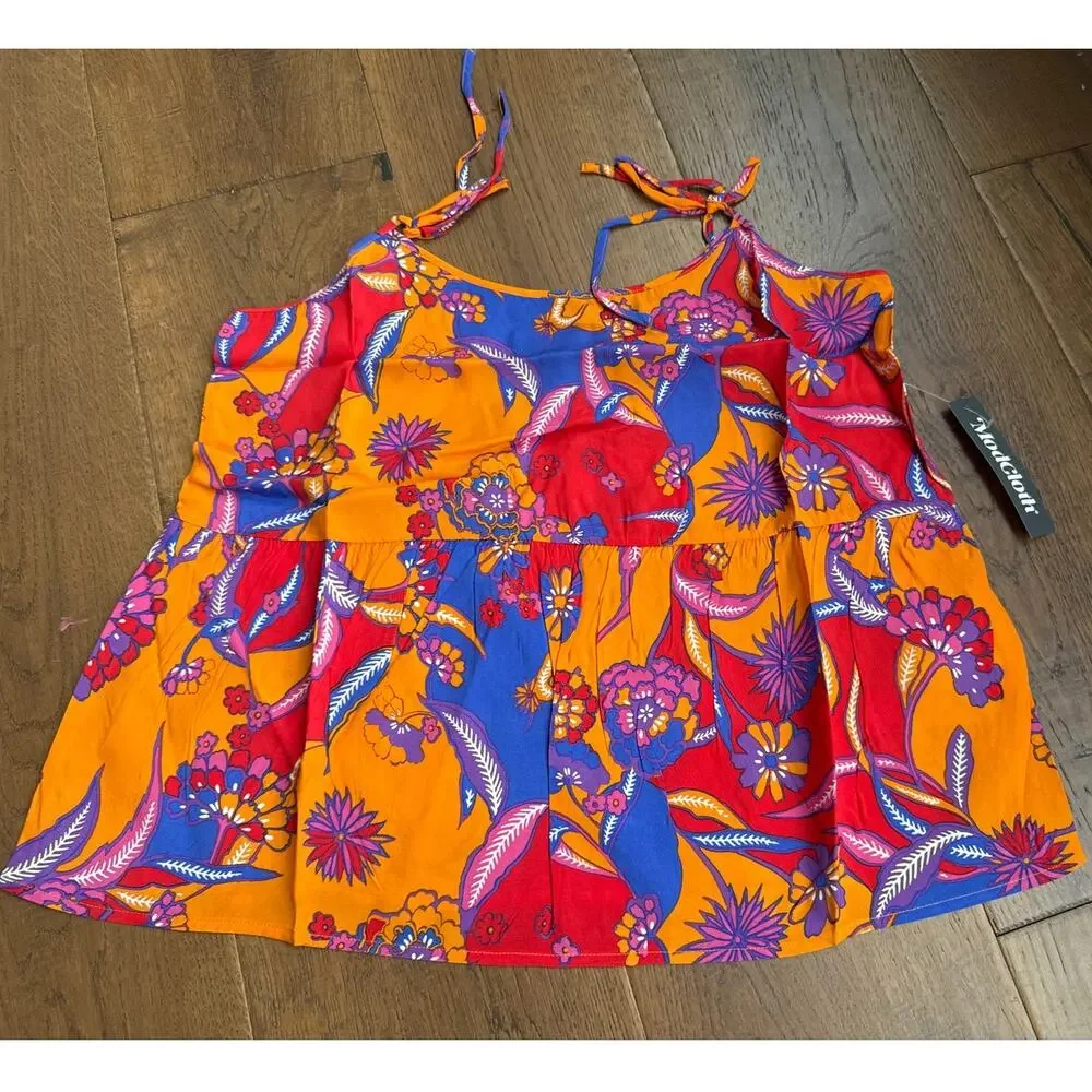 ModCloth Bohemia Bound Peplum Tank Top Orange Bali Floral Women's M NWT